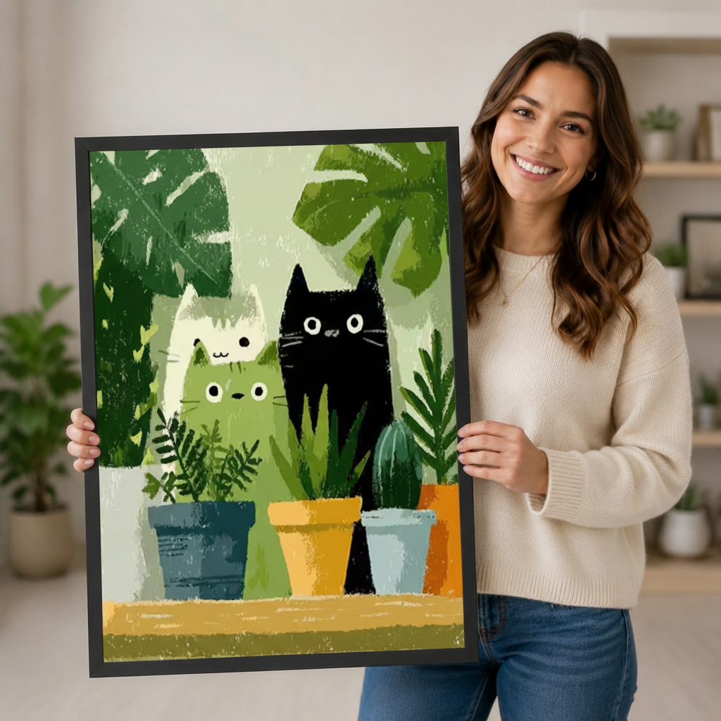 Smiling woman holding large black framed cat and plant wall art print featuring three cute cartoon cats with colorful potted monstera and cactus plants