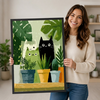 Smiling woman holding large black framed cat and plant wall art print featuring three cute cartoon cats with colorful potted monstera and cactus plants