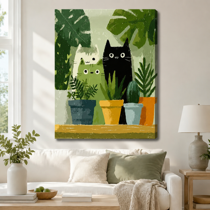 Whimsical black white and green cat illustration with monstera plants gallery wrap canvas art displayed above a white linen sofa in a cozy neutral living room