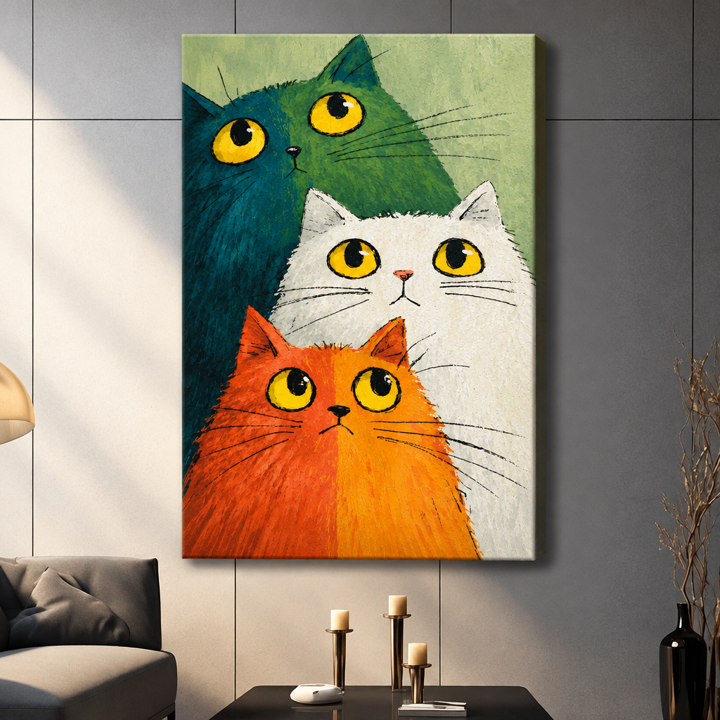 Illustration of three fluffy cats with yellow eyes teal dark and white and orange stacked together on a green background funny cat wall art stretched canvas dark panel wall living room