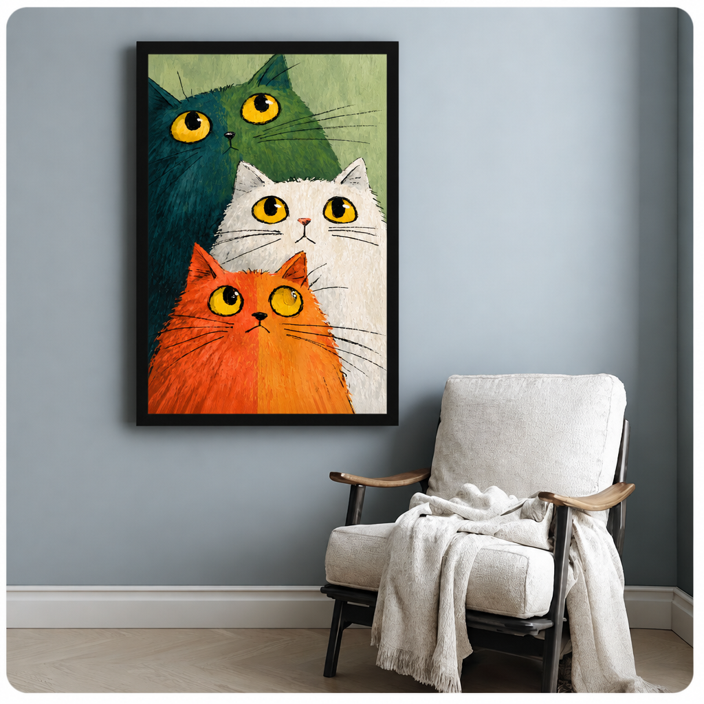 Illustration of three fluffy cats with yellow eyes teal dark and white and orange stacked together on a green background funny cat wall art framed print beside armchair blue-gray wall