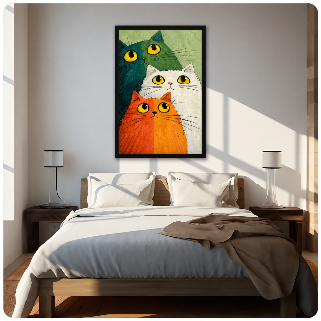 Illustration of three fluffy cats with yellow eyes teal dark and white and orange stacked together on a green background funny cat wall art framed print above bed sunlit bedroom