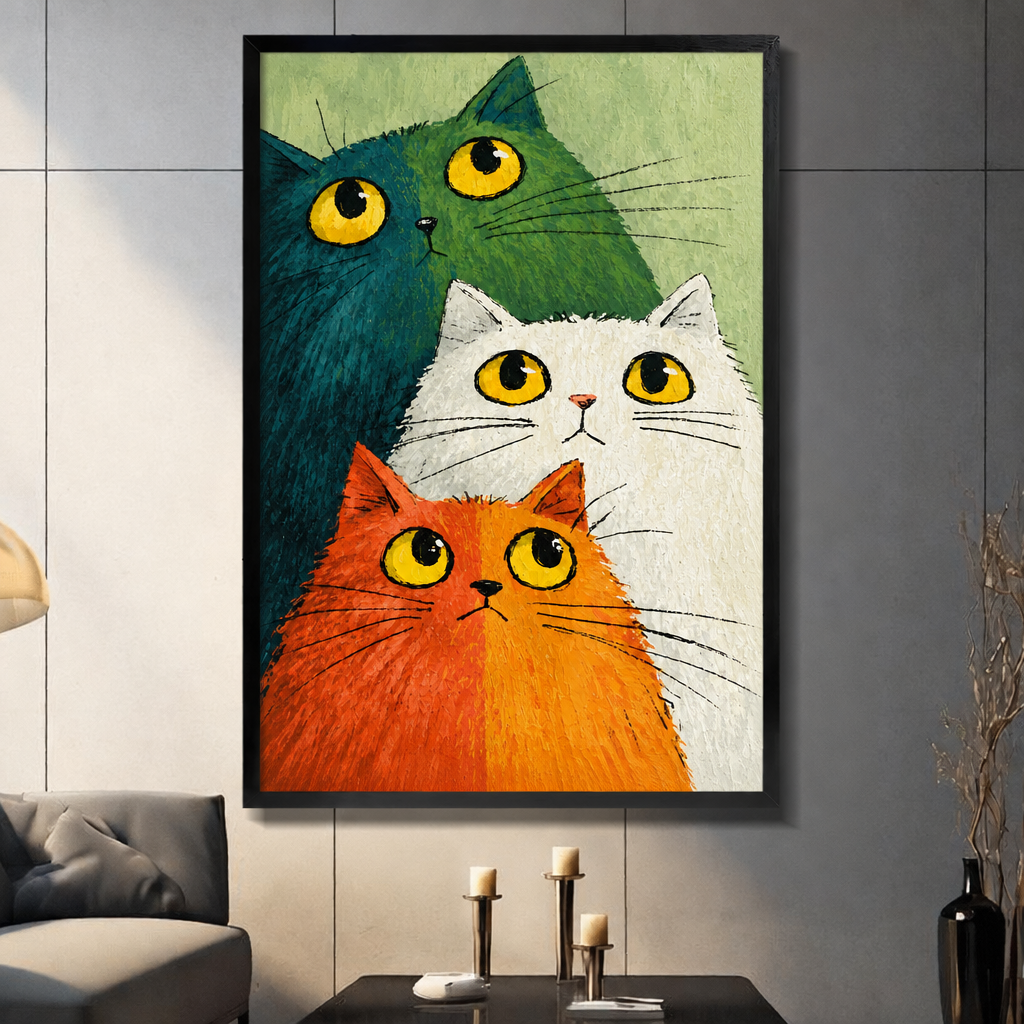 Illustration of three fluffy cats with yellow eyes teal dark and white and orange stacked together on a green background funny cat wall art framed print dark panel wall living room