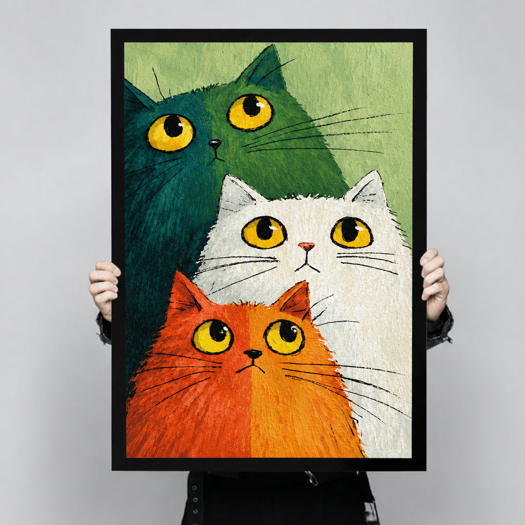 Illustration of three fluffy cats with yellow eyes teal dark and white and orange stacked together on a green background funny cat wall art framed print held up