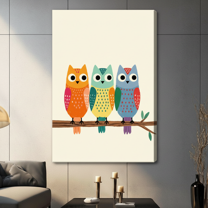 Playful Scandinavian-style flat illustration of three plump colorful owls sitting together on one brown branch the leftmost owl is bright orange with pink-red wings and small white dot markings on its round chest with a red-brown head accent stripe and white circle eyes with solid black pupils the center owl features a teal-green head with dark green spot patterns a lime yellow-green body with dark teal wing feathers and teal dotted belly with white round eyes and the rightmost owl has a muted blue-gray bod