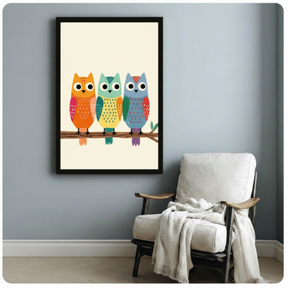 Delightful flat cartoon poster of three round cute owls standing together on a single brown tree branch the first owl from the left is vivid orange with rosy pink-red wings white dotted chest markings a rust-red head stripe and large white round eyes with black dot pupils the middle owl has a soft sage teal head with small dark green dot patterns a yellow-green body dark teal-green wings and a teal polka-dot belly with white circle eyes and the third owl is cool blue-gray with a bright red-orange wing accen
