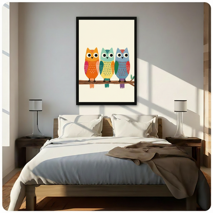 Sweet flat Scandinavian cartoon illustration of three round friendly owls perched side by side on a warm brown branch the leftmost owl rendered in bright orange with pink-red wing accents white polka dot chest markings a red-brown forehead stripe and wide white eyes with solid black pupils the middle owl in sage teal and yellow-green with dark teal wings small dark green dot patterns on its head and a dotted teal chest with white circle eyes and the rightmost owl in muted blue-gray with bold red-orange wing