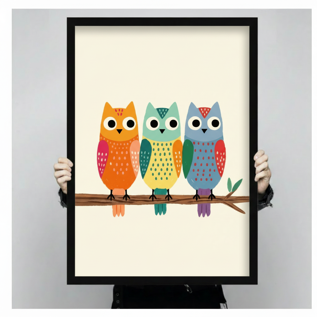 Bold flat cartoon art print of three chubby colorful owls perched in a row on a brown tree branch the left owl is bright orange with pink-red wings white chest dots a red-brown head stripe and white round eyes with black pupils the center owl has a teal green head with dark green dot marks a yellow-green body and dark green wings with a dotted teal belly and white eyes and the right owl is soft blue-gray with red-orange accent wings a red triangle head marking a spotted chest and purple-lavender feet with w