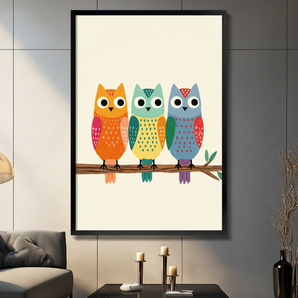 Cheerful flat cartoon illustration of three round chubby owls perched side by side on a single brown tree branch the left owl has a warm orange body with pink-red wings white speckled chest and belly a red-brown forehead stripe marking white round eyes with large black pupils and small black talons the middle owl has a teal-green head with dark green dot markings a yellow-green rounded body deep green wings a dotted chest in teal and white round eyes with black pupils and the right owl has a soft blue-gray 