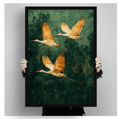 Three golden-winged cranes flying over deep green forest, black framed art poster shown in hand mockup to display print size and premium quality