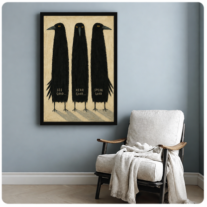 Three crows canvas wall art above a white armchair, with each black bird representing a positive message
