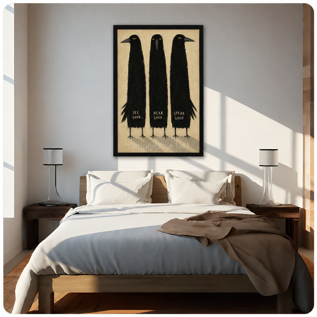Three crows canvas wall art above a bed, displaying black birds and the phrase “See Good, Hear Good, Speak Good”