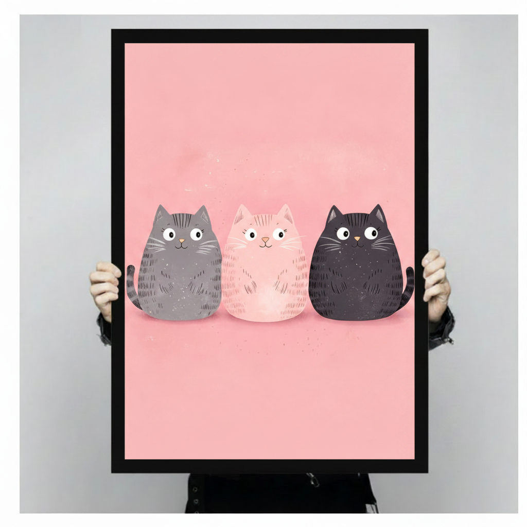 Hand-held black framed art print featuring three cute round cats on blush pink background close-up product display