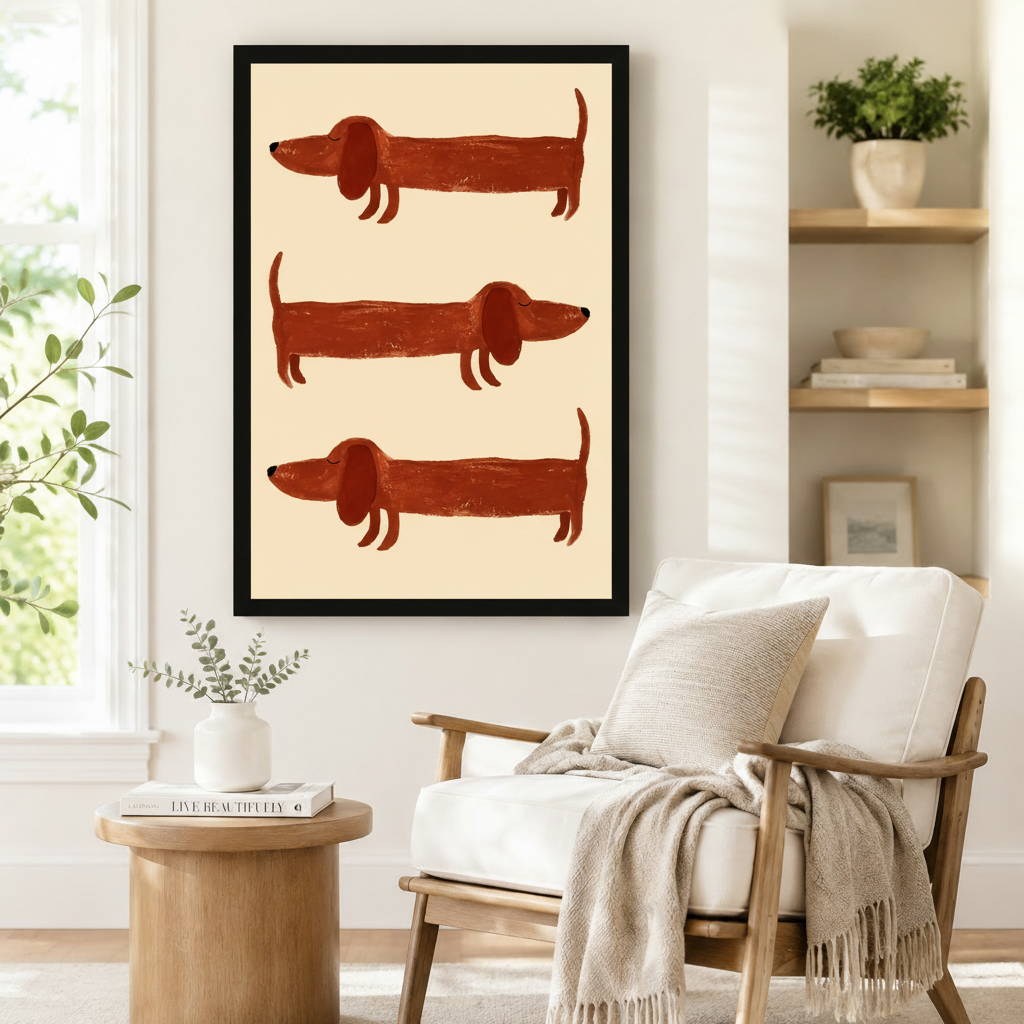 Large framed wall art print of three long-bodied dachshund dogs in earthy red tones, styled beside a linen armchair and round side table in a Scandinavian reading corner