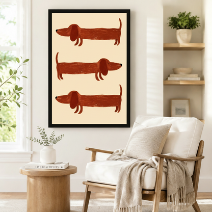 Large framed wall art print of three long-bodied dachshund dogs in earthy red tones, styled beside a linen armchair and round side table in a Scandinavian reading corner