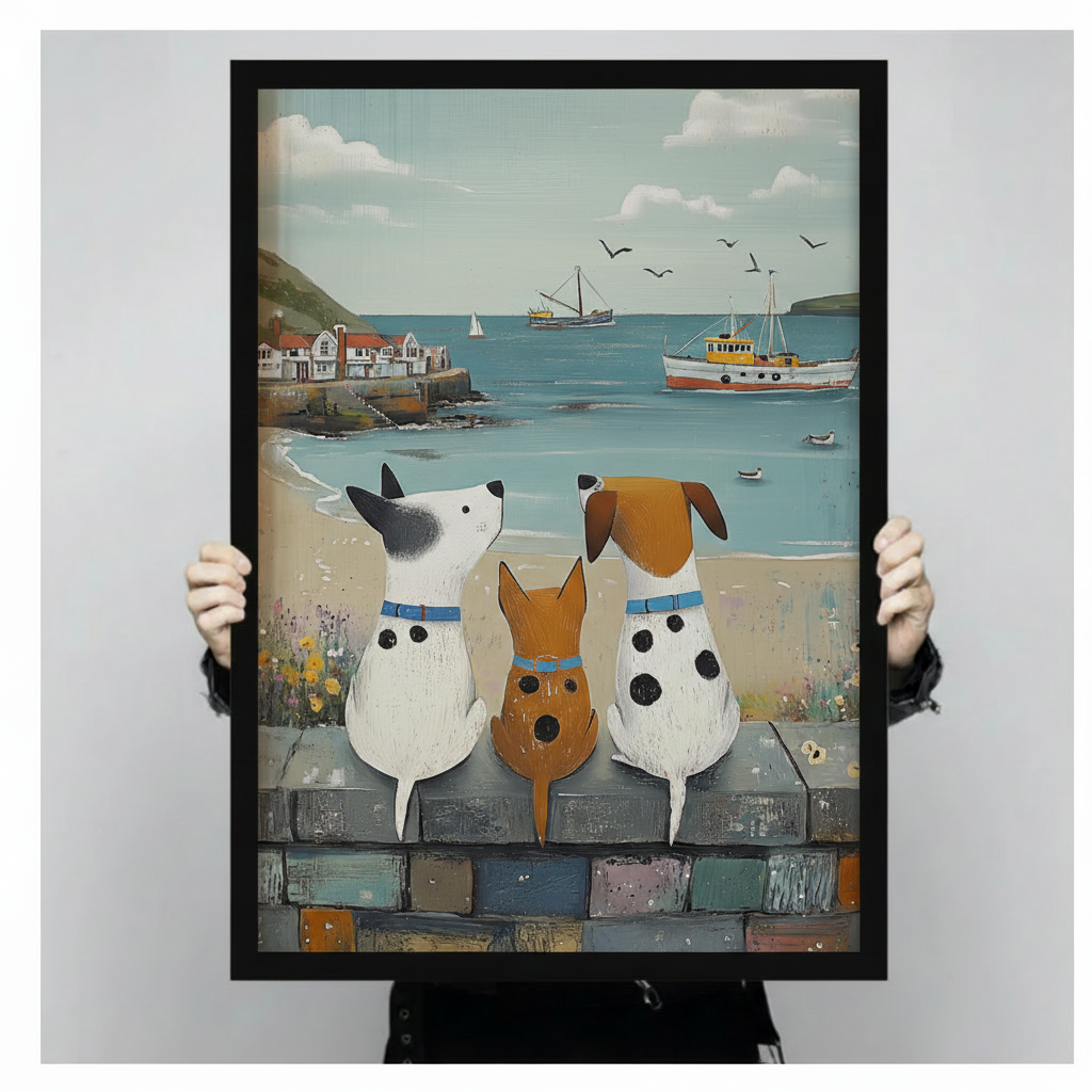 Hand-held display of a black framed three dogs seaside print, showing print size, frame detail, and coastal illustration quality