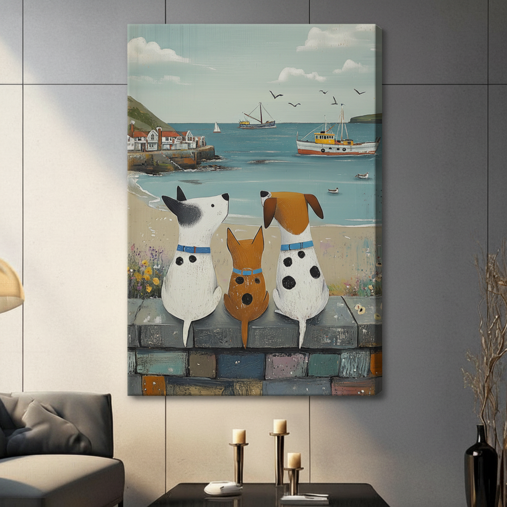 Frameless canvas wrap of three whimsical dogs watching boats in a coastal harbour, hung in a contemporary dark living room setting