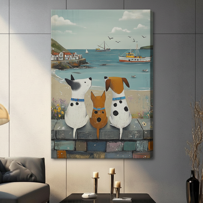 Frameless canvas wrap of three whimsical dogs watching boats in a coastal harbour, hung in a contemporary dark living room setting