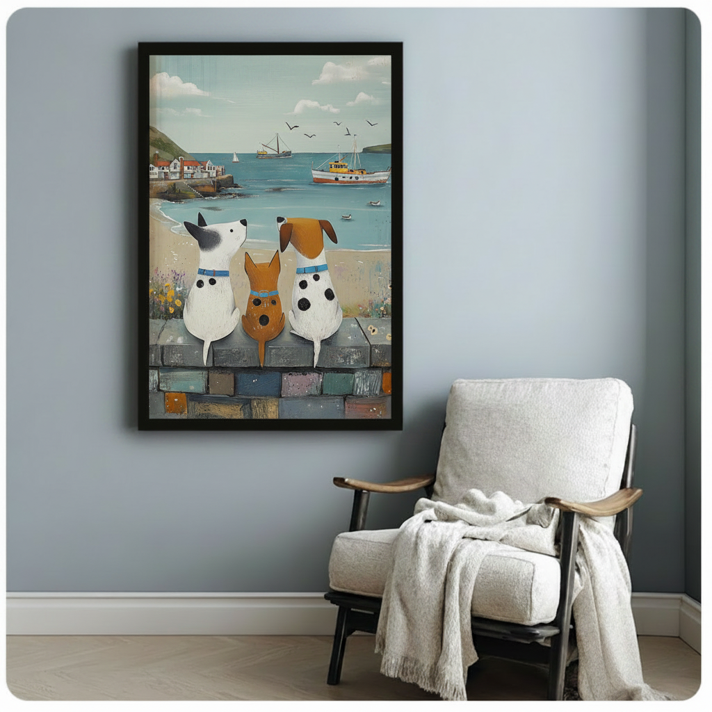 Black framed harbour dogs illustration print mounted beside a white armchair on a blue-grey wall, charming coastal home decor
