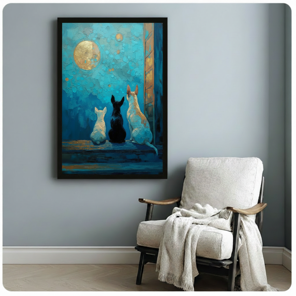 Black framed whimsical dog wall art featuring three bull terriers moongazing in a textured teal and gold impasto painting style, styled beside a white linen armchair on a soft blue-grey wall