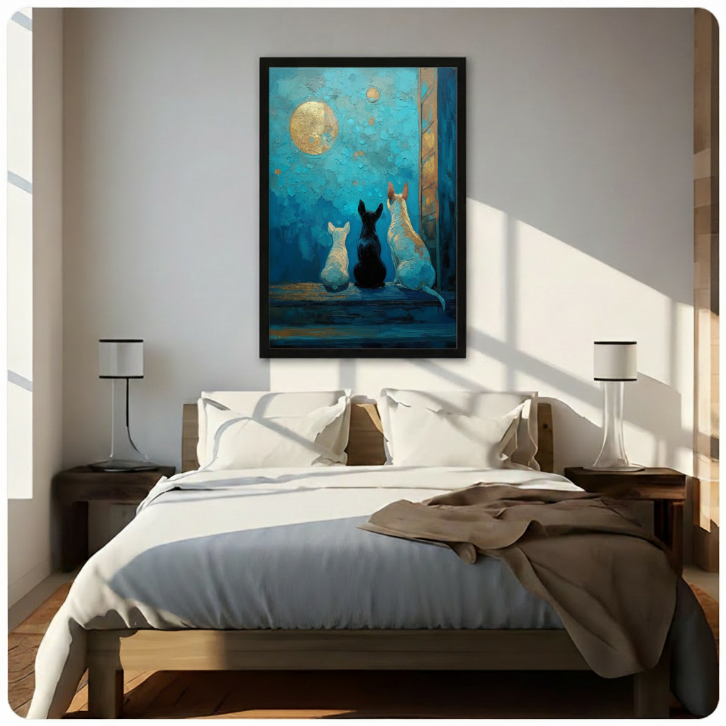 Framed teal impasto dog art print hung above a bed in a sunlit Scandinavian-style bedroom, depicting three bull terriers watching a glowing golden moon in a richly textured turquoise night sky