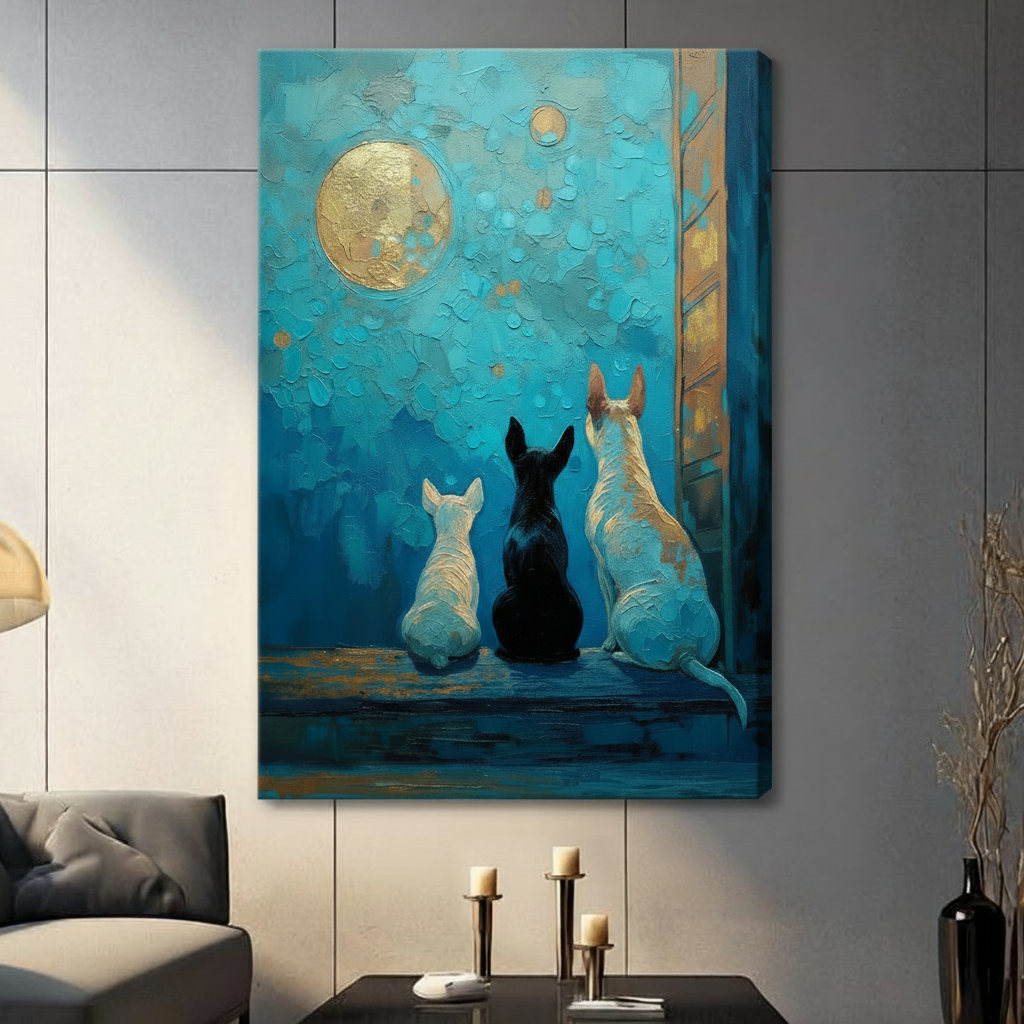 Gallery wrapped canvas print of three bull terriers with backs turned watching a large golden full moon in a rich teal impasto night sky, hung on a grey wall in a contemporary living room setting
