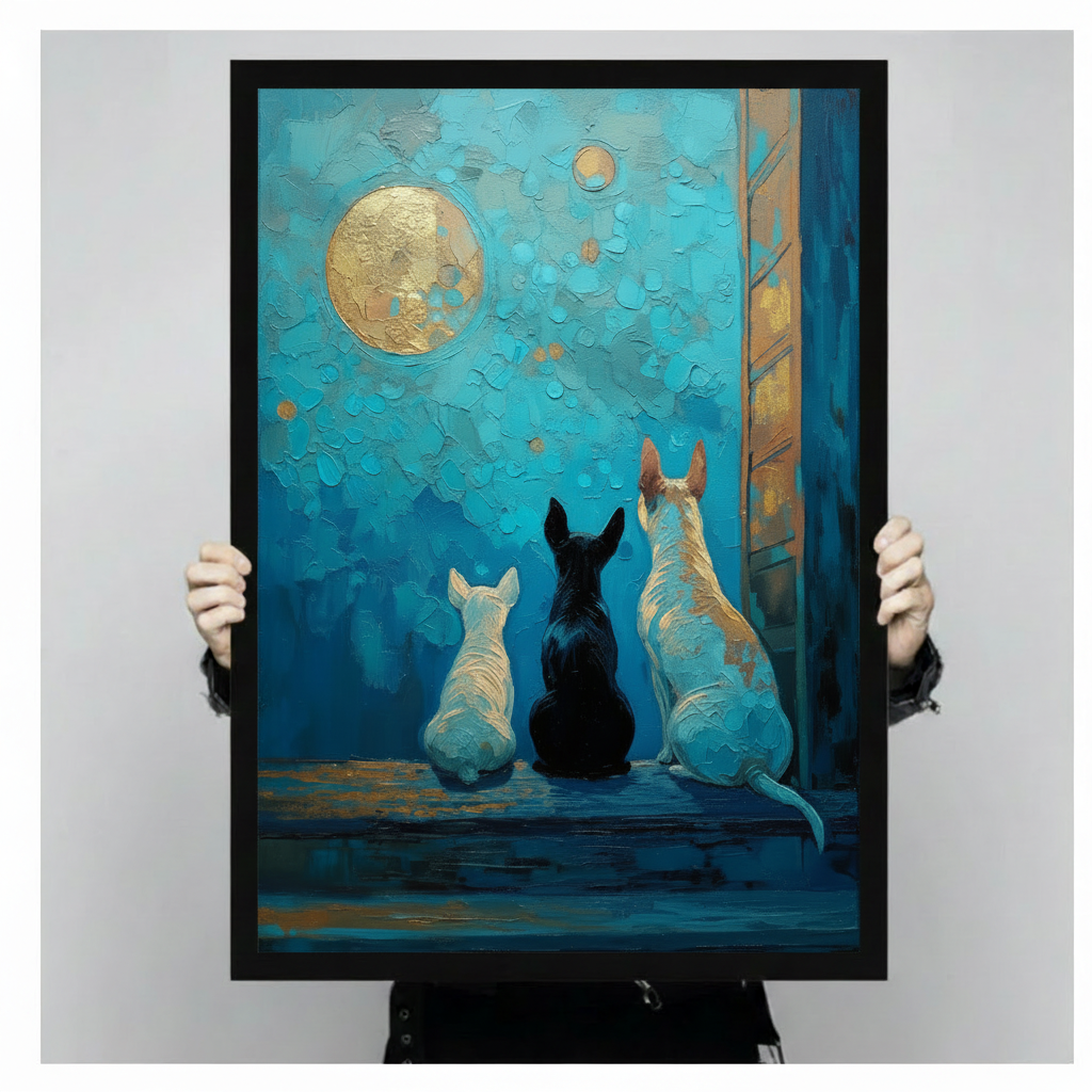 Person holding a large black framed teal oil painting canvas print showing three bull terriers — one black, two white — sitting together on a ledge gazing at a golden full moon, showcasing print detail and frame quality