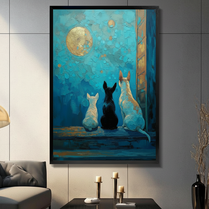 Black framed teal impasto oil painting canvas art of three bull terriers sitting side by side gazing at a glowing golden moon, displayed above a console table with candle holders in a modern living room