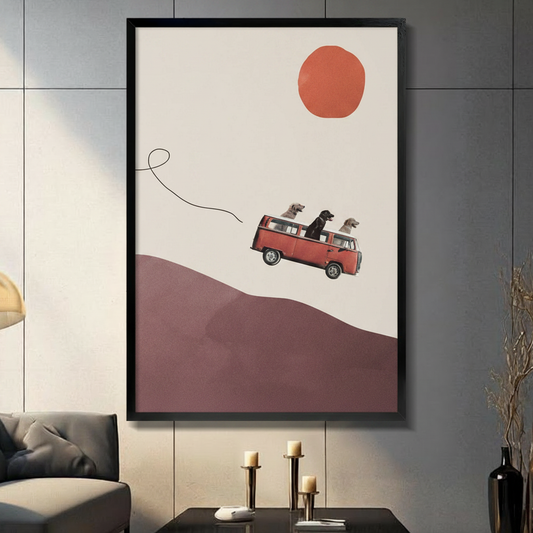 Three dogs riding on red VW T2 van flying over mauve hills minimalist collage illustration in black frame on dark grey panel wall – orange red sun cream background dog road trip canvas wall art for living room