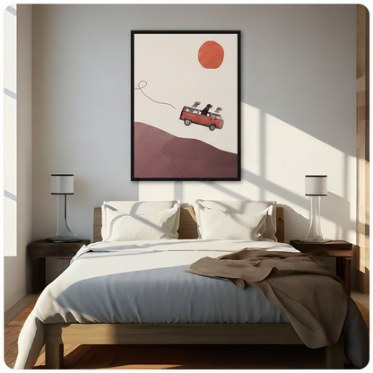 Framed three dogs riding red VW camper van soaring above mauve rolling hills minimalist collage illustration above dark wooden bed in sunlit bedroom – orange sun cream background dog adventure canvas wall art for bedroom decor