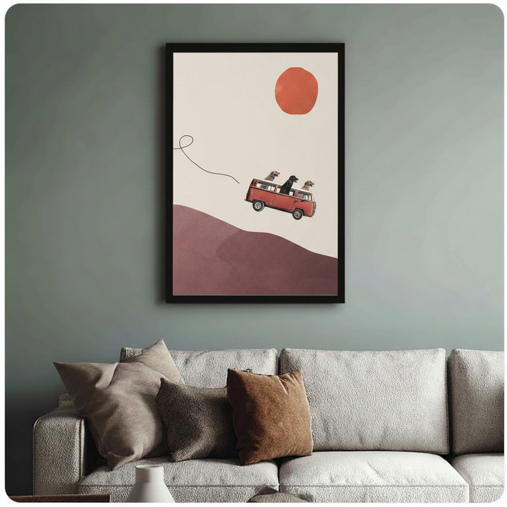 Framed three dogs riding red VW T2 van flying over mauve hills minimalist collage illustration above cream textured sofa on sage green wall – orange red sun curving line dog road trip canvas wall art for living room decor