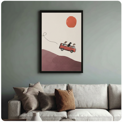 Framed three dogs riding red VW T2 van flying over mauve hills minimalist collage illustration above cream textured sofa on sage green wall – orange red sun curving line dog road trip canvas wall art for living room decor
