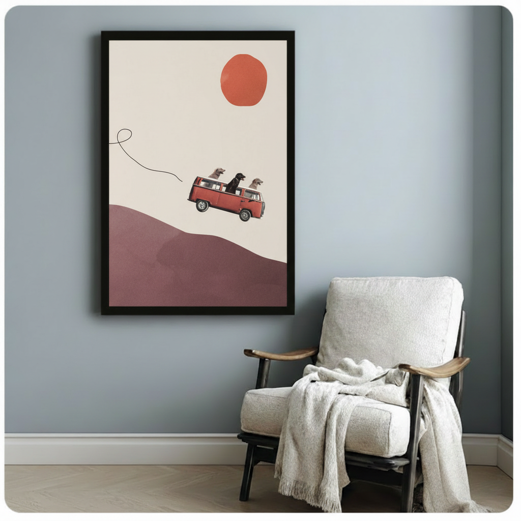 Three dogs on red VW camper van above rolling mauve hills framed minimalist collage illustration beside wooden armchair with white throw on blue grey wall – orange sun cream background dog canvas art for reading corner