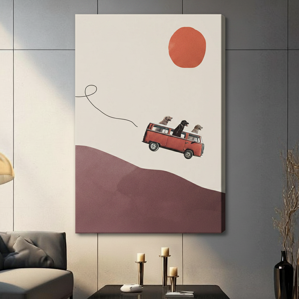 Frameless three dogs on red VW camper van soaring above mauve rolling hills minimalist collage illustration on dark grey panel wall – orange sun cream background dog adventure canvas print for contemporary living room
