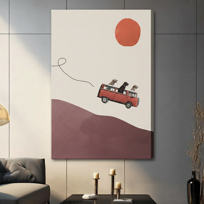 Frameless three dogs on red VW camper van soaring above mauve rolling hills minimalist collage illustration on dark grey panel wall – orange sun cream background dog adventure canvas print for contemporary living room