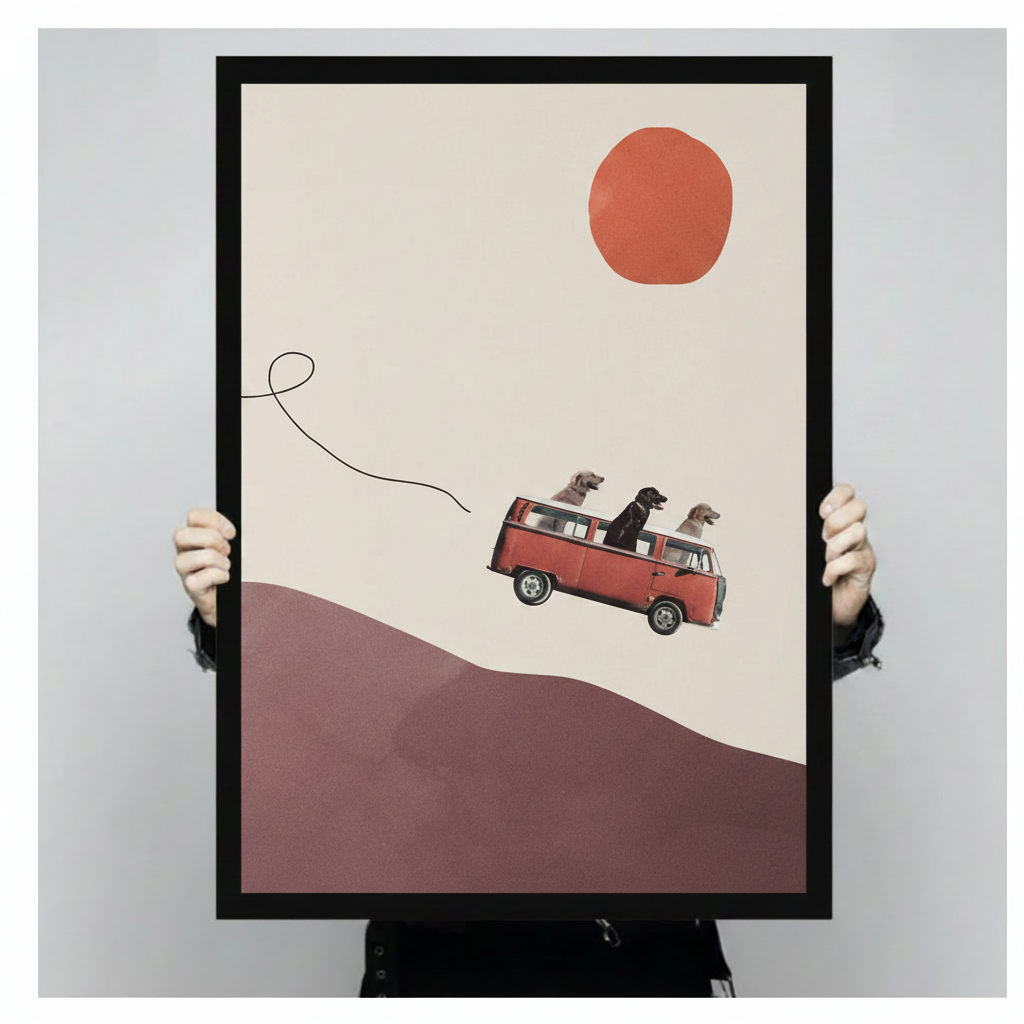 Person holding framed three dogs on red VW T2 van flying over mauve hills minimalist collage illustration – orange red sun curving line cream background dog road trip canvas wall art size reference