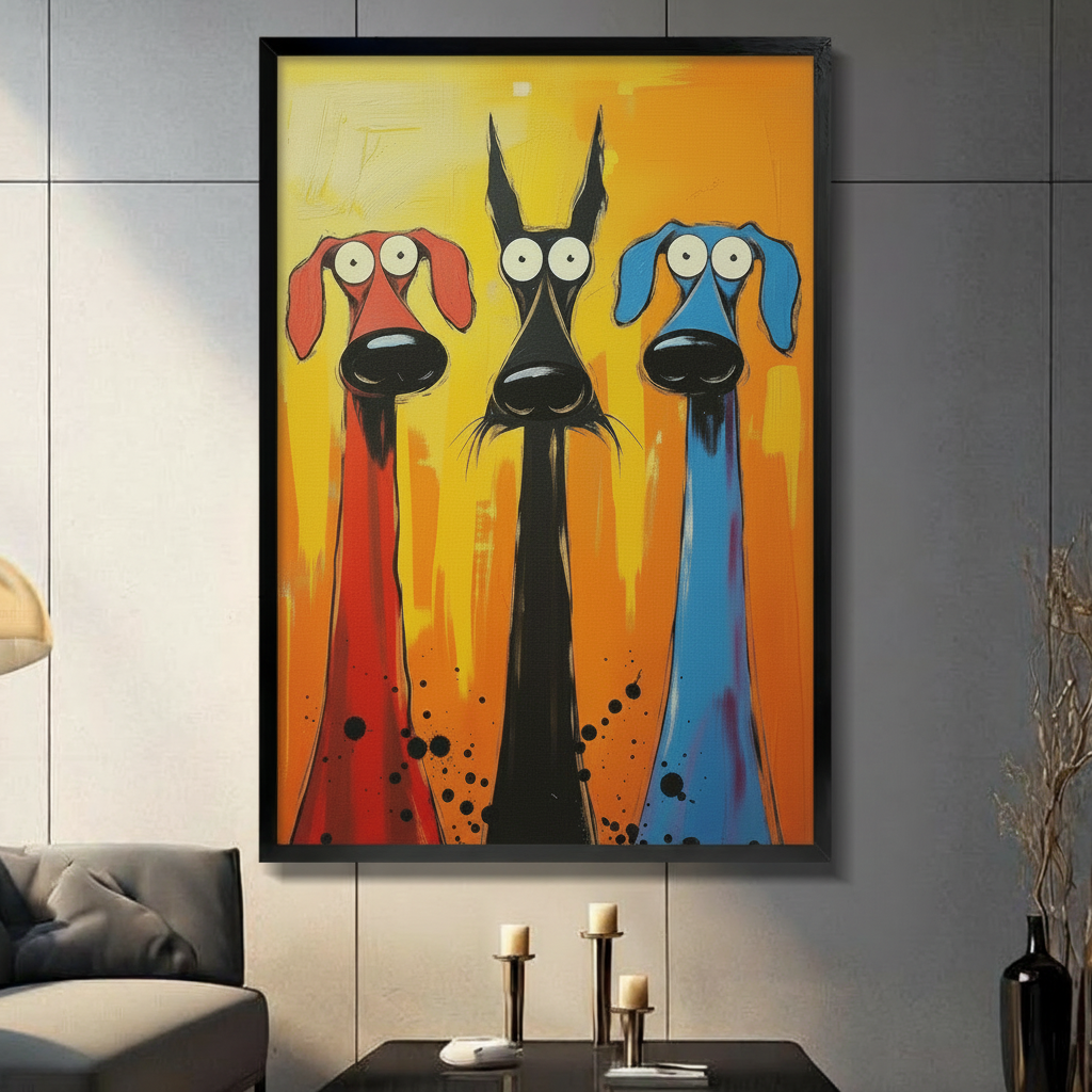 Three colorful pop art dogs canvas wall art in black float frame displayed in modern living room with gray panel wall