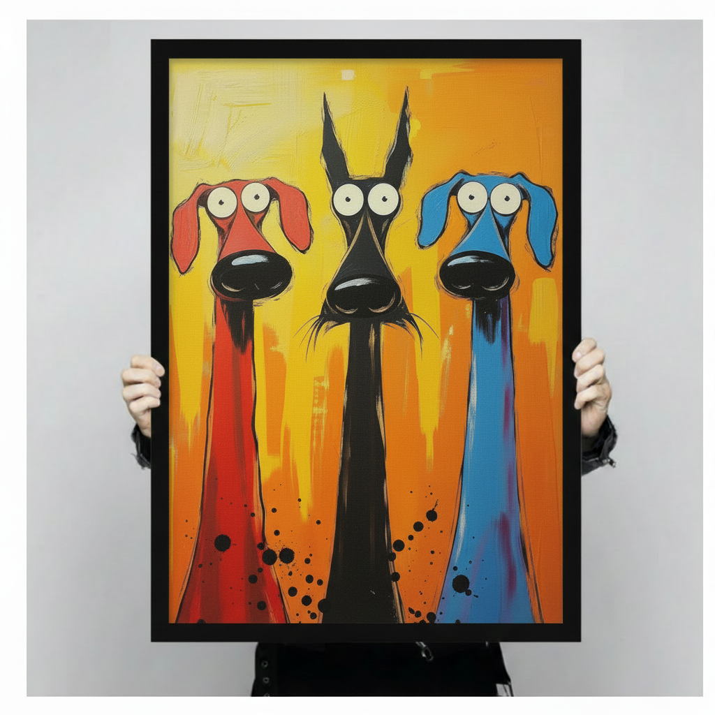 Person holding large framed three dogs pop art canvas print showing actual size and vivid orange yellow artwork detail
