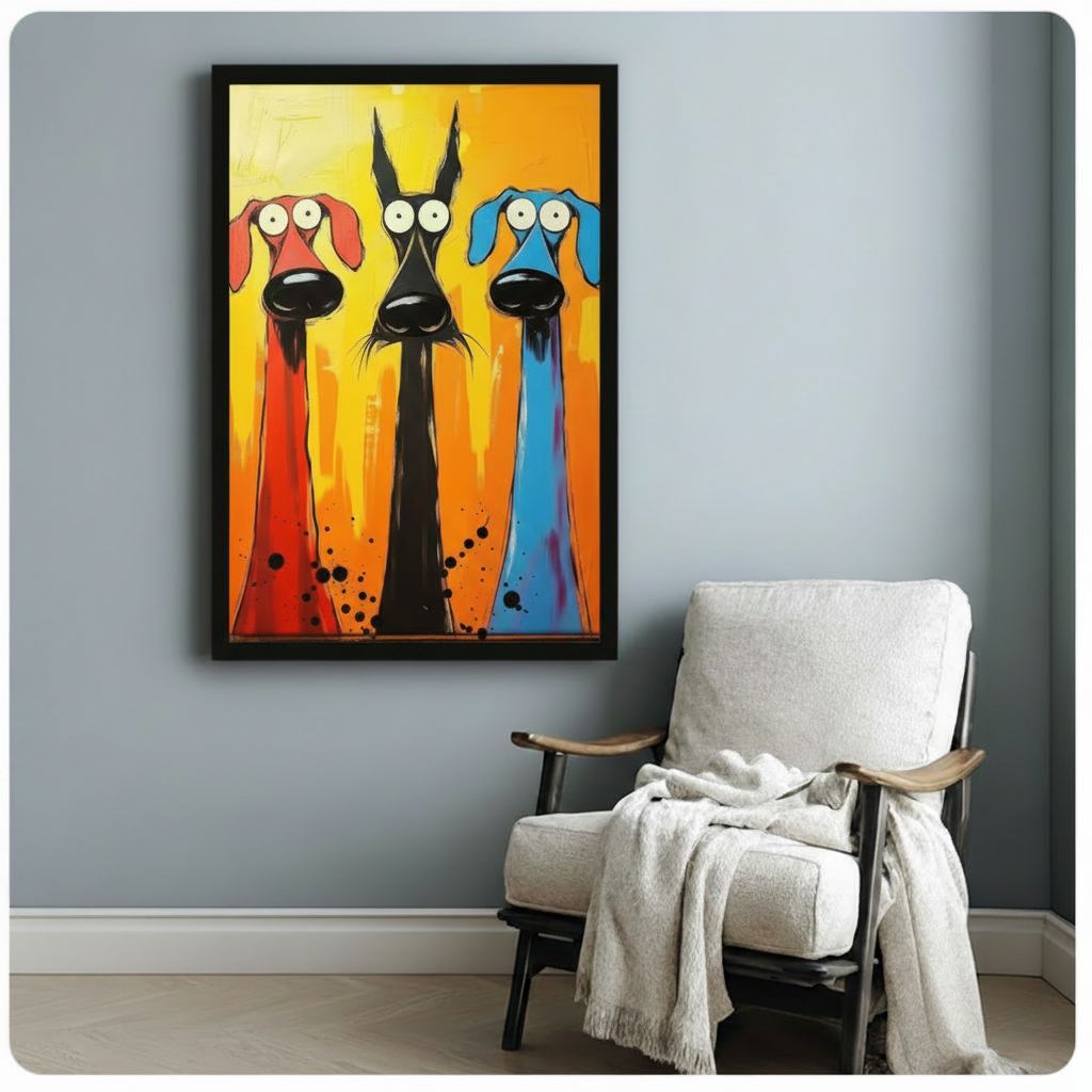 Bold pop art three dogs framed wall art hanging above white accent chair in minimalist light gray living room