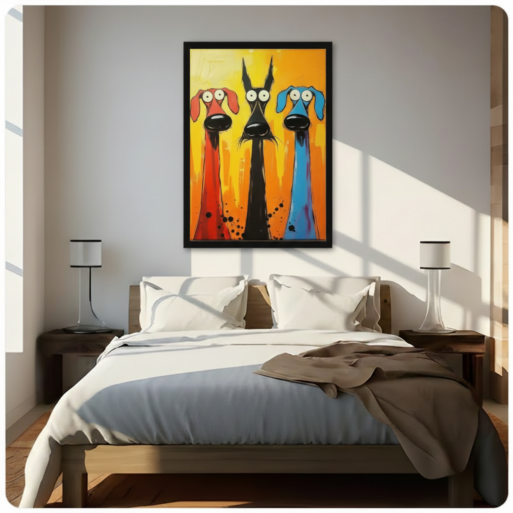 Three cartoon dogs colorful oil painting in black frame mounted above bed as bedroom wall art with natural window light