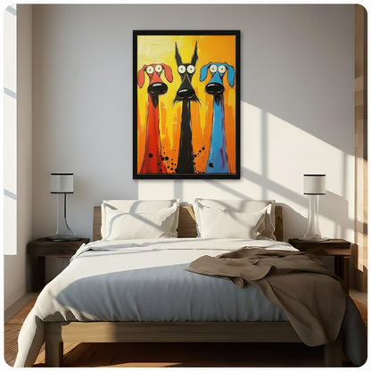 Three cartoon dogs colorful oil painting in black frame mounted above bed as bedroom wall art with natural window light