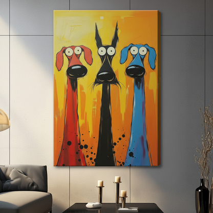 Frameless gallery wrap canvas of three cartoon dogs in red black and blue displayed on gray vertical panel wall