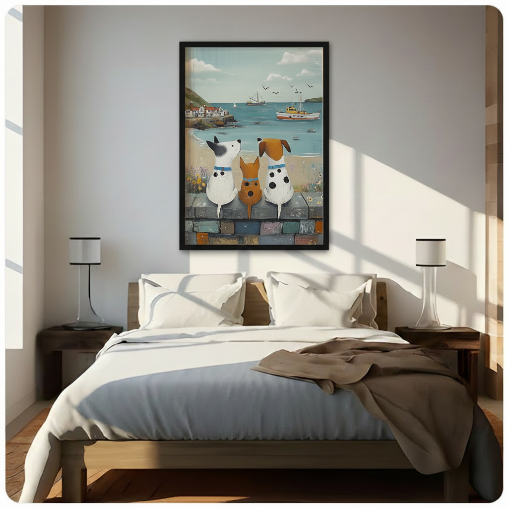 Framed coastal dogs wall art print hung above a bed in a sunlit white bedroom, whimsical seaside illustration for bedroom decor