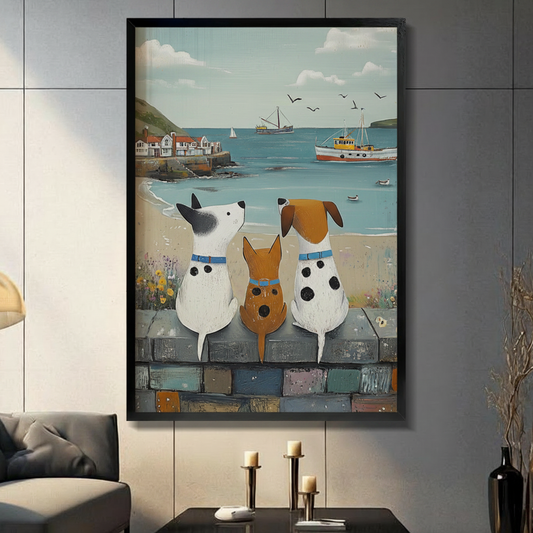 Black framed wall art print of three cartoon dogs sitting on a harbour wall gazing at the sea, displayed in a modern dark-toned living room