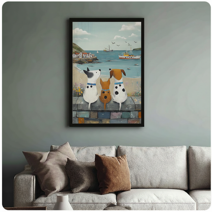 Framed print of three cute dogs on a seaside wall with fishing boats, styled above a linen sofa against a sage green wall