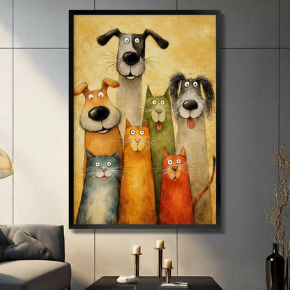 Three dogs and three cats funny group portrait vintage cartoon illustration in black frame on dark grey panel wall – golden yellow textured background humorous pet canvas wall art for living room