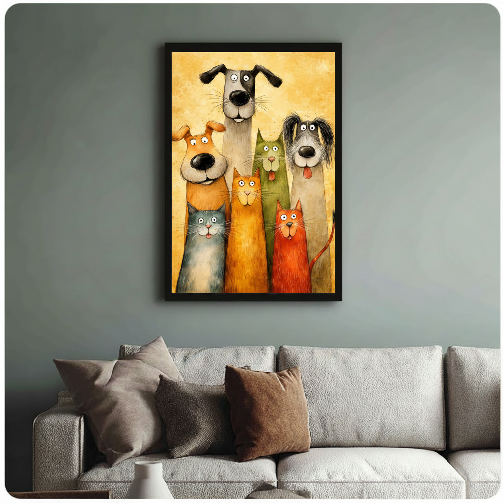 Framed three dogs and three cats humorous group portrait vintage cartoon illustration above cream textured sofa on sage green wall – golden yellow background funny pet canvas wall art for living room decor