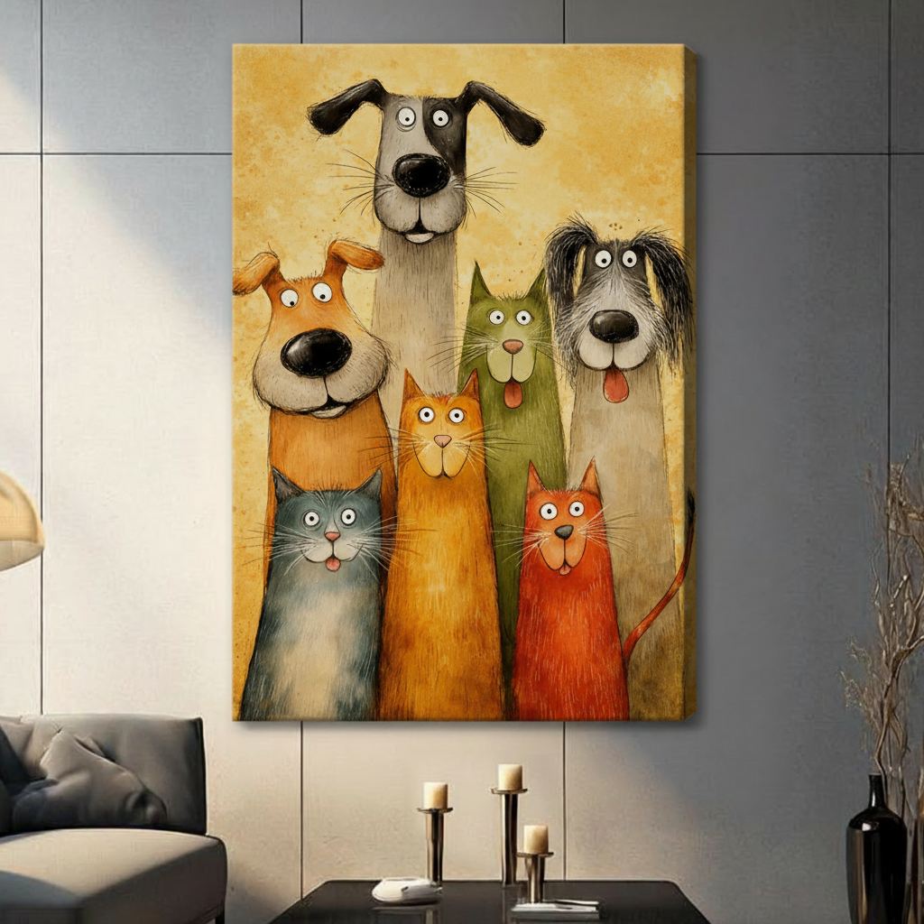 Frameless three dogs and three cats whimsical group portrait vintage cartoon illustration on dark grey panel wall – golden aged texture background funny pet canvas print for contemporary living room