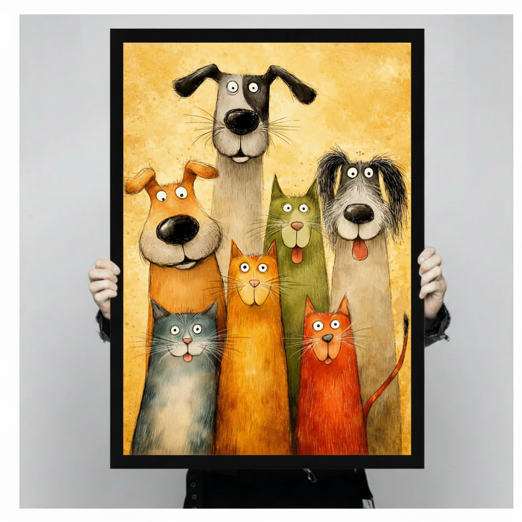 Person holding framed three dogs and three cats whimsical group portrait vintage cartoon illustration canvas – golden yellow textured background humorous cat and dog wall art size reference