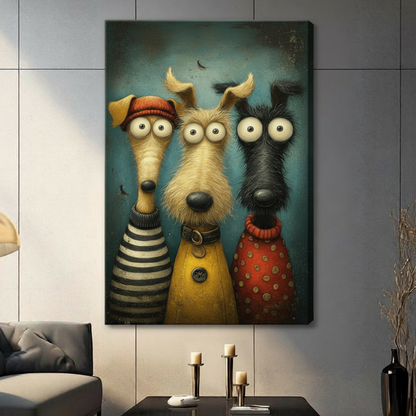 Whimsical oil painting illustration of three tall funny dogs with oversized googly eyes standing together wearing colorful outfits including a striped sweater a yellow coat with a collar and a red polka-dot top against a moody teal background funny dog wall art stretched canvas in living room with light gray panel wall and dark sofa